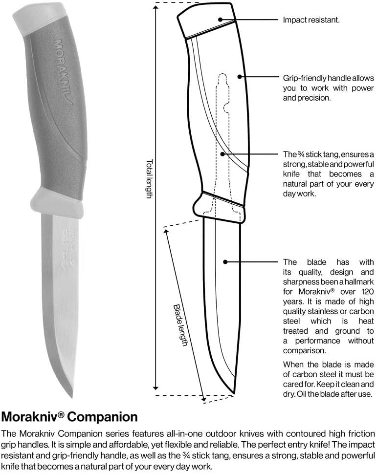 A robust Morakniv Companion Heavy-Duty knife with a thick 3.2 mm stainless steel blade and a durable black handle, accompanied by its sturdy black polymer sheath.