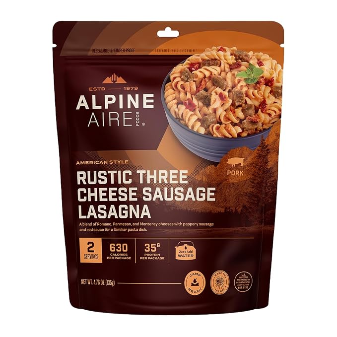 AlpineAire Rustic Three Cheese Sausage Lasagna freeze-dried camping meal