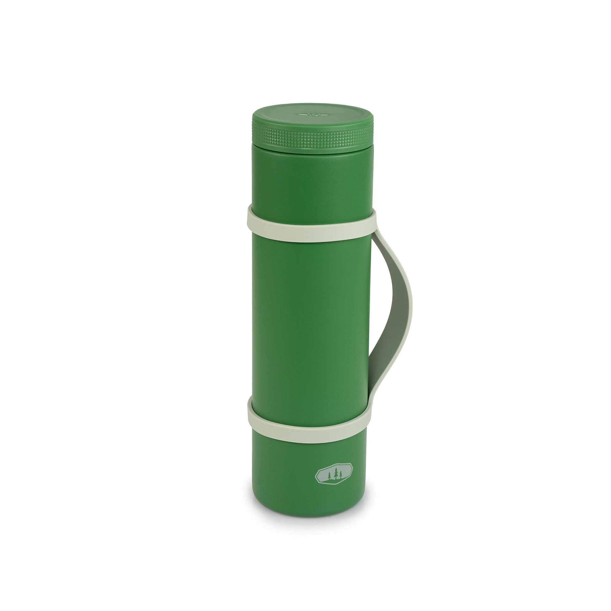 Portable stainless steel insulated food storage container for hot and cold meals.