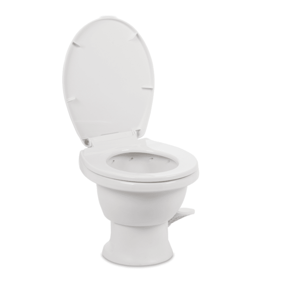 Dometic Complete 411 toilet showing foot pedal gravity flush system