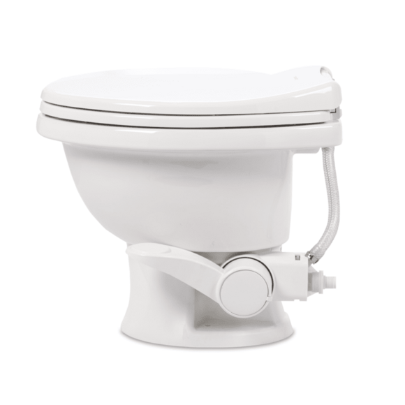 Dometic 411 gravity flush toilet with soft-close lid and quiet operation