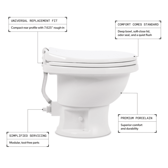 Dometic 411 RV toilet with foot pedal operation and porcelain bowl