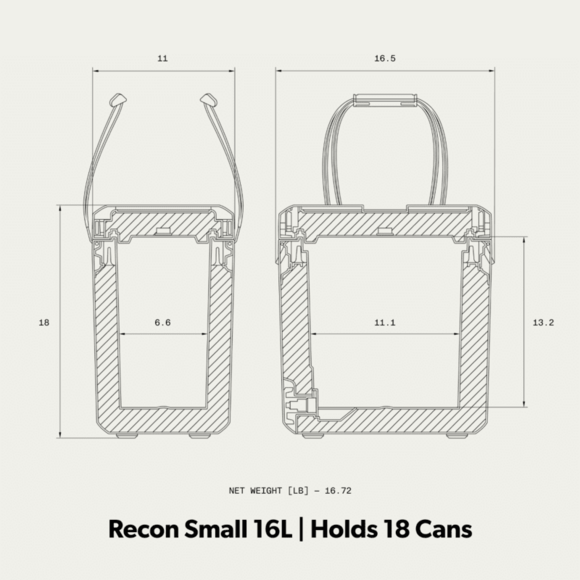 Technical drawing of a Recon Small 16L carrying case with dimensions and can capacity.