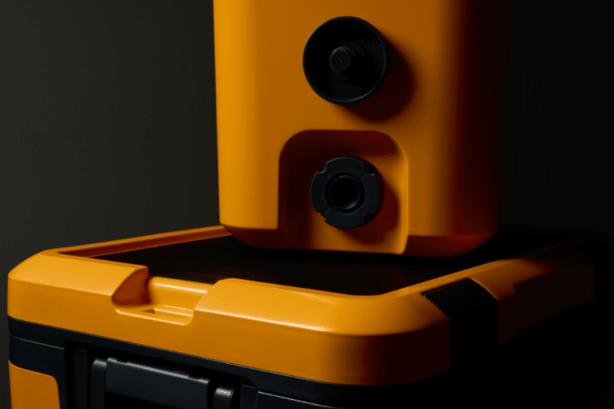 Close-up of a yellow and black tool case on a dark background