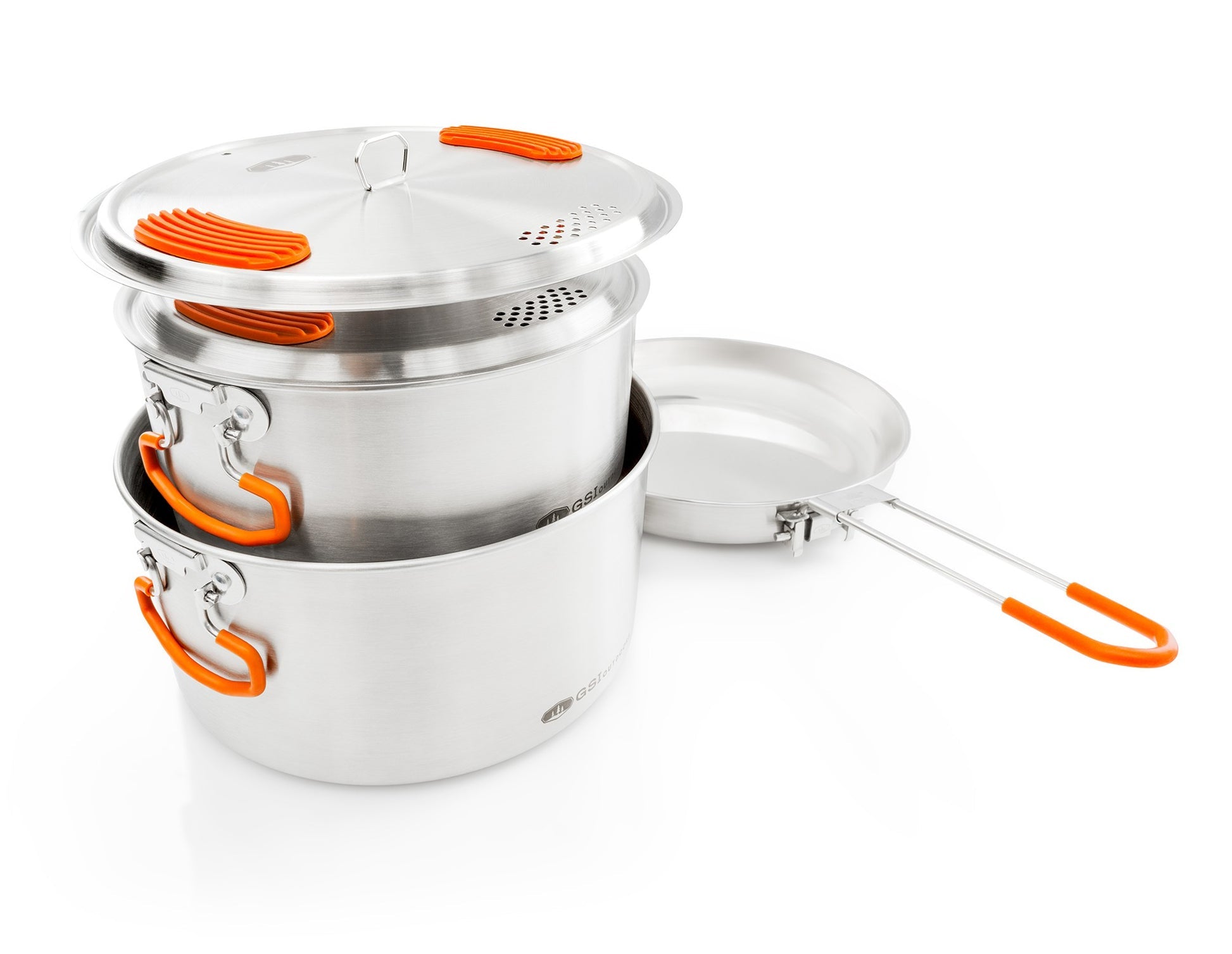 GSI Glacier Stainless Base Camper cookset with fry pan and strainer lids
