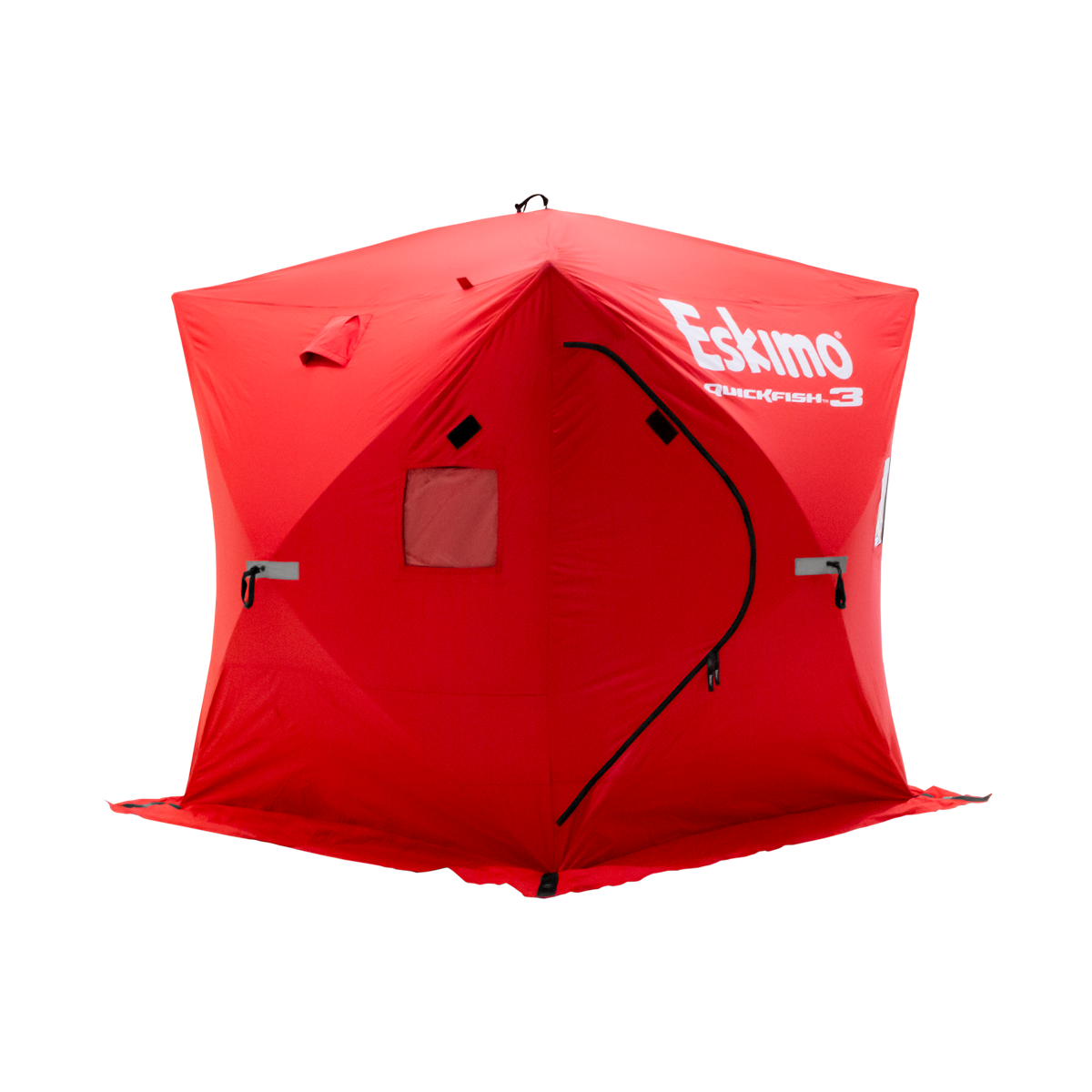 QuickFish™ 3-person ice fishing shelter with durable IceTight™ fabric, lightweight design, and easy pop-out hub setup.