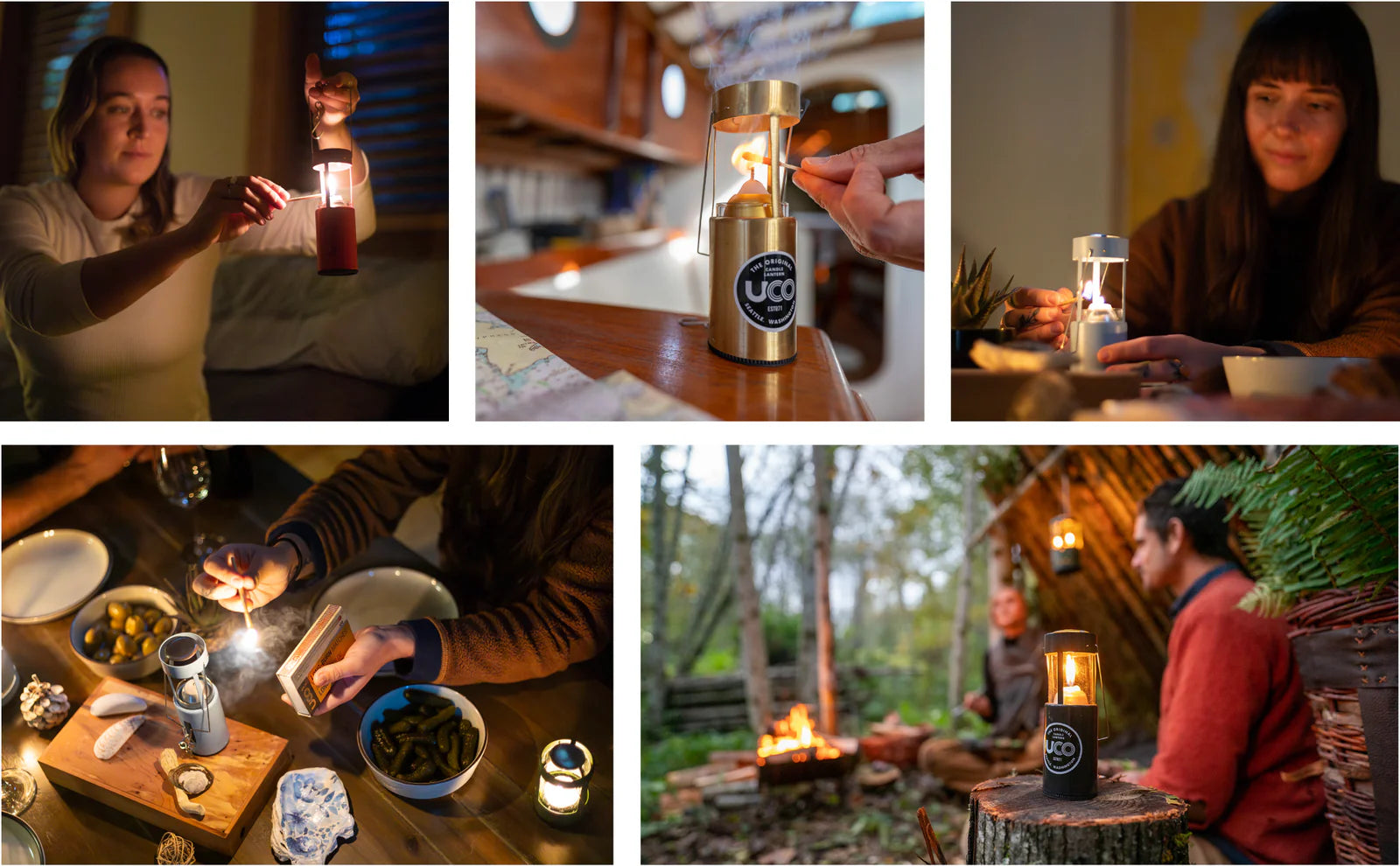 Original Candle Lantern providing warm light and heat in a snowy campsite at dusk