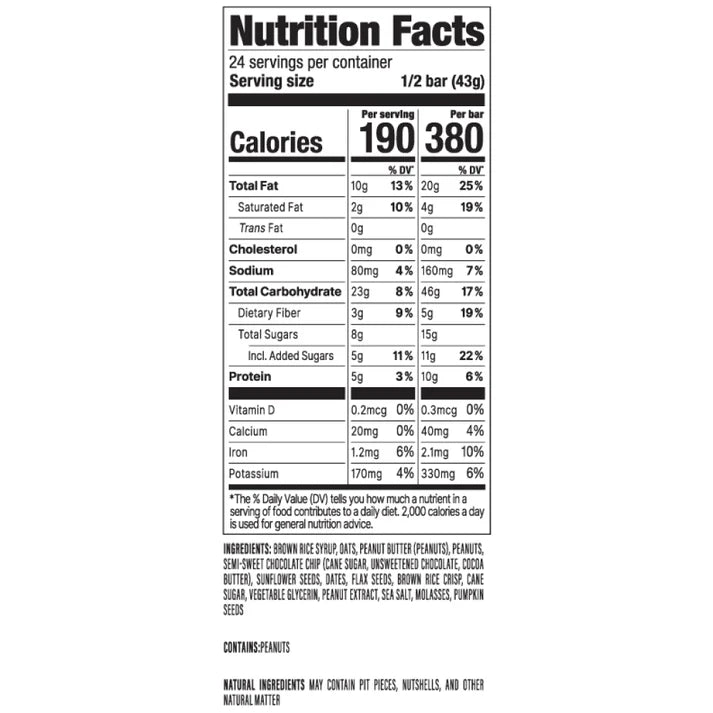 Whole food MEAL bar featuring peanut butter, chocolate chips, oats, flax, sunflower, and pumpkin seeds.