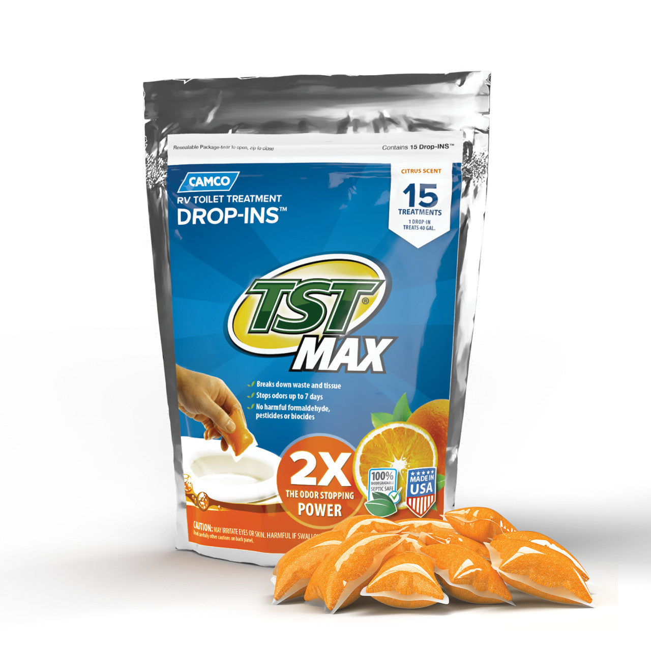 Camco TST MAX Orange Holding Tank Drop-Ins – 15 count, eliminates odors and breaks down waste in RV and marine tanks.