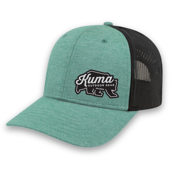 Green and black cap with Kuma Outdoor Gear logo on a white background