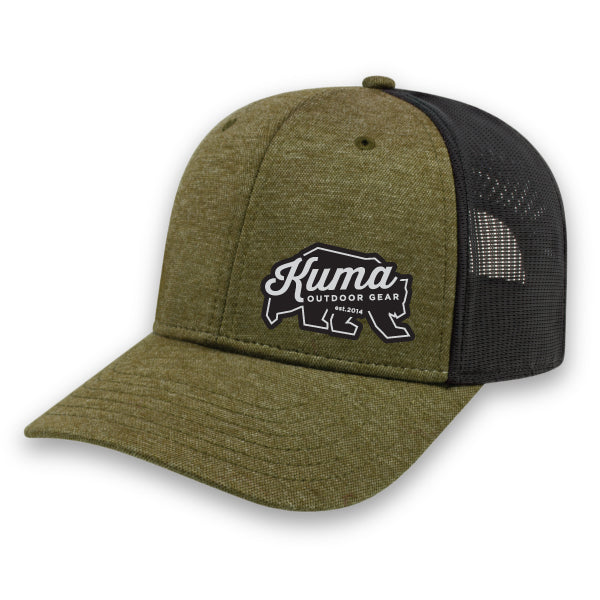 Green and black cap with Kuma Outdoor Gear logo on a white background