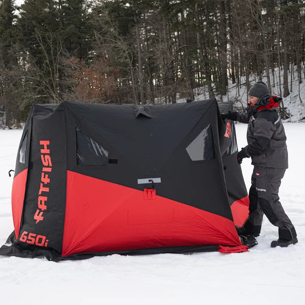 Eskimo FatFish 650i large insulated ice fishing shelter with six-sided wide-bottom design