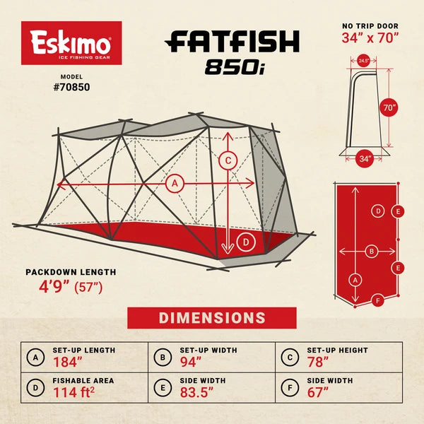 Eskimo FatFish 850i portable ice fishing shelter with compact 57-inch packdown length