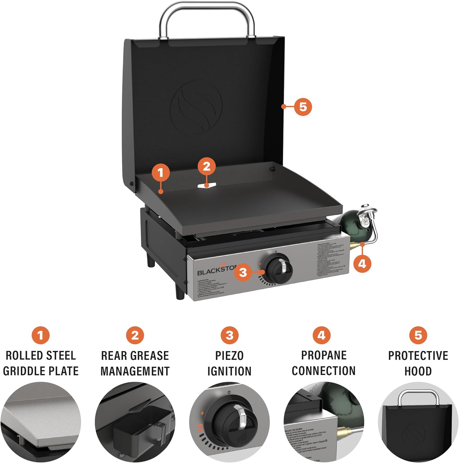 Blackstone 2143 Tabletop Griddle with Stainless Steel Front Plate and Hood - 17"