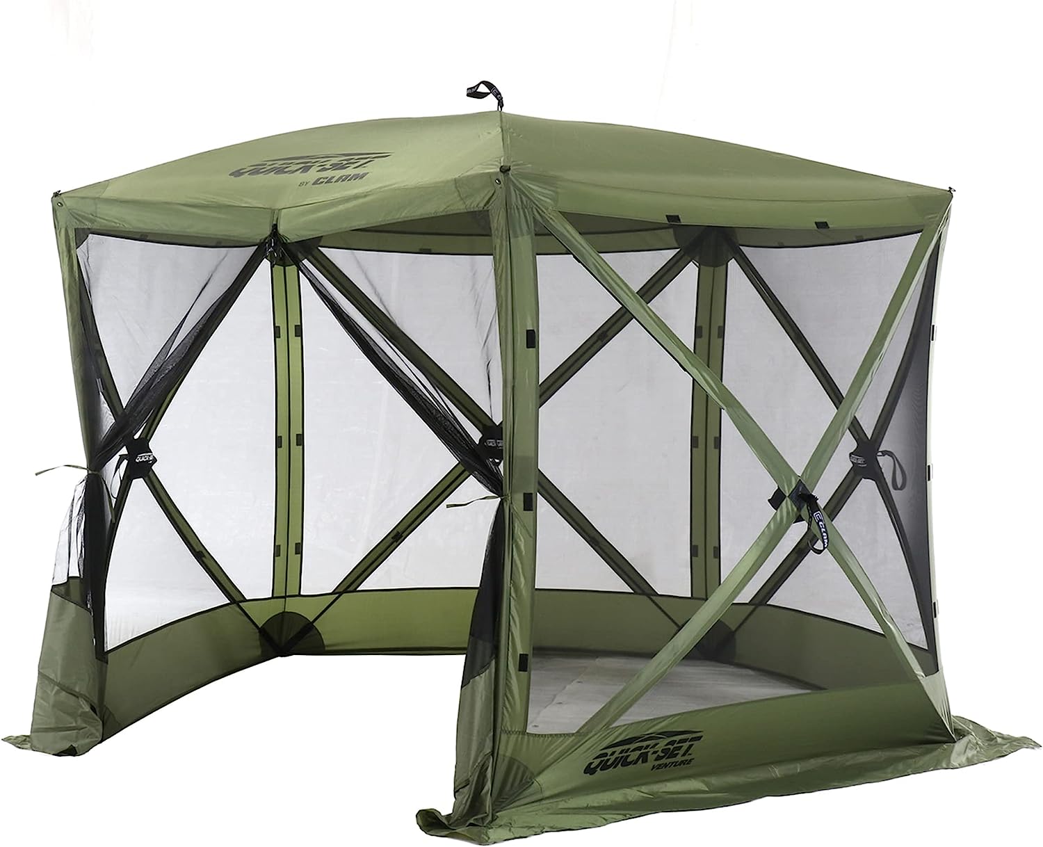 CLAM Quick-Set Venture 9 x 9 Foot Portable Pop-Up Outdoor Camping Gazebo Screen Tent 5 Sided Canopy Shelter with Ground Stakes and Carry Bag, Green- 115794