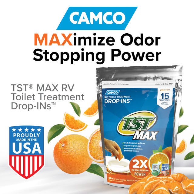TST MAX Citrus Drop-Ins – Ultra-concentrated formula treats up to a 40-gallon RV holding tank, septic-safe, and formaldehyde-free.