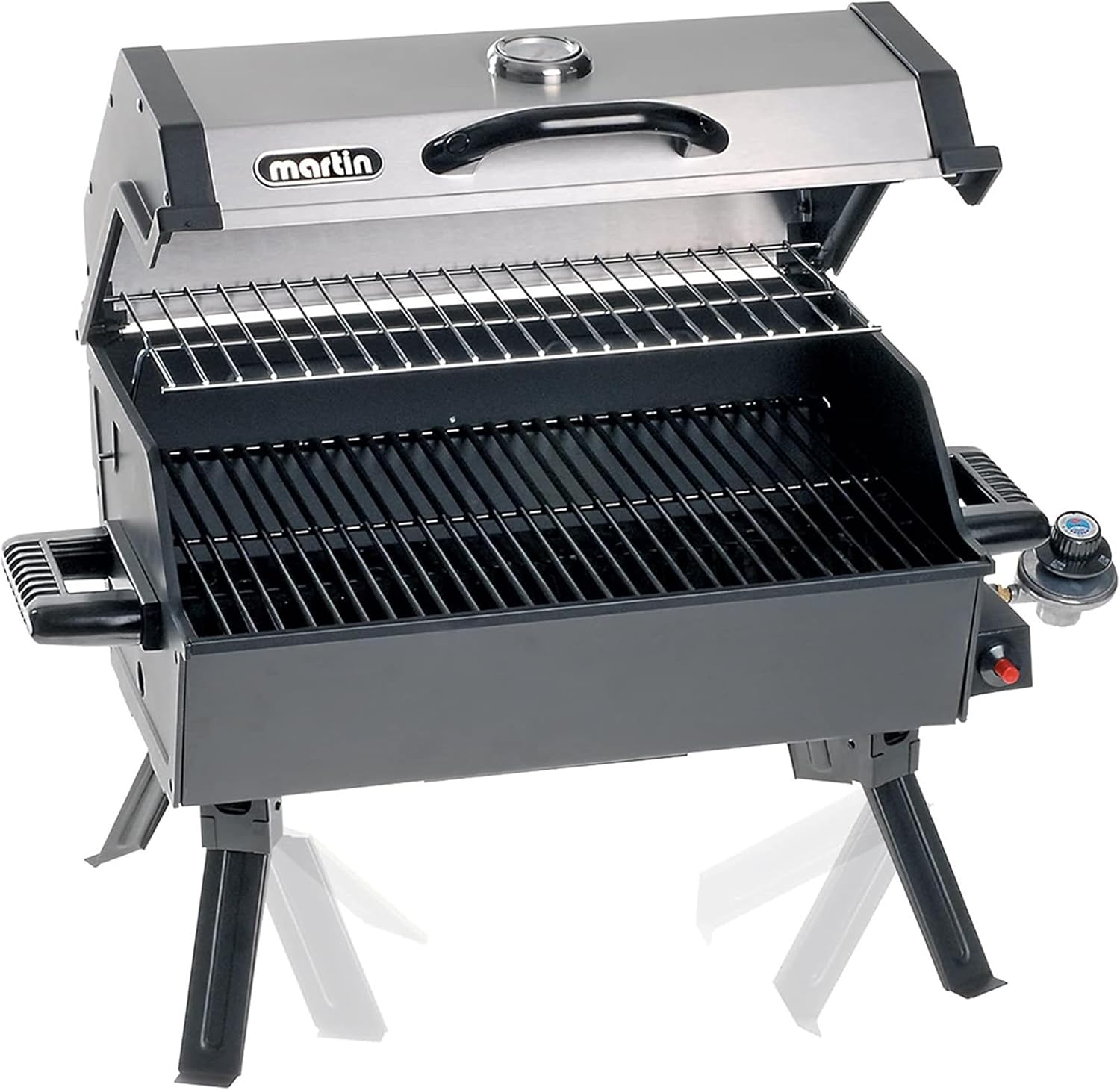 Portable BBQ grill with stainless steel lid and folding legs