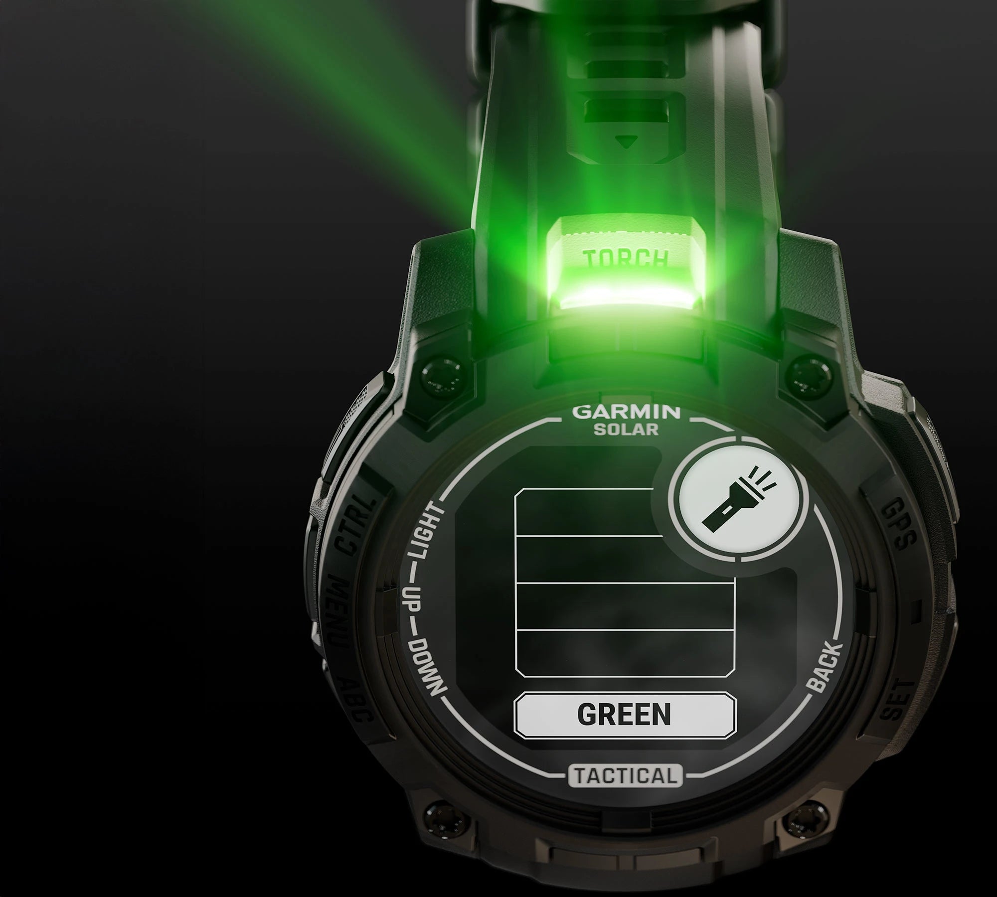 Garmin Solar Tactical device with green light on a black background