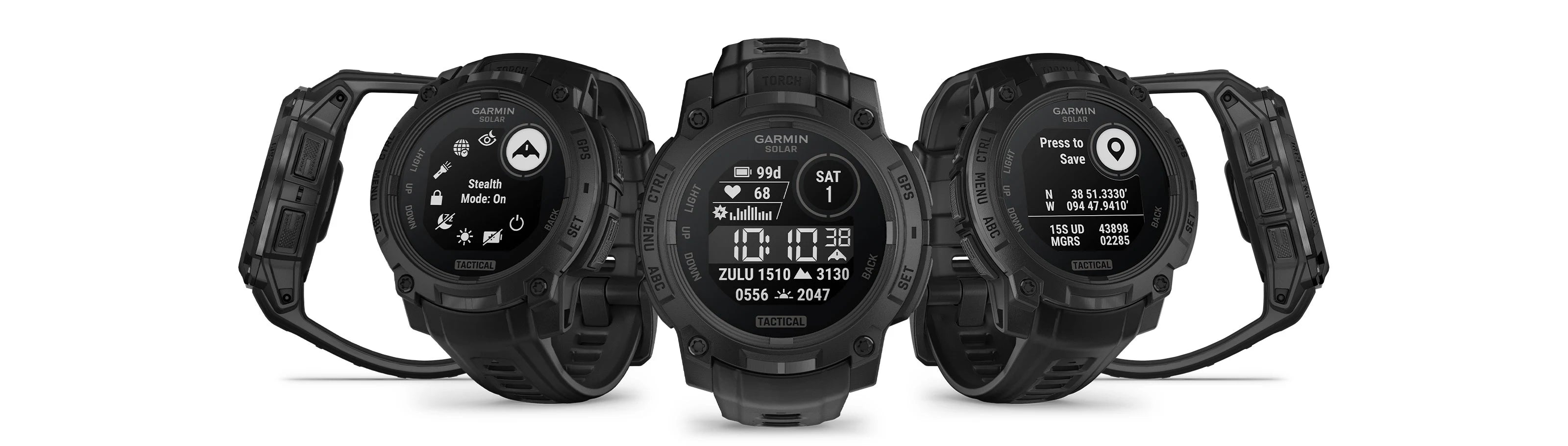 Three black smartwatches with digital displays on a white background