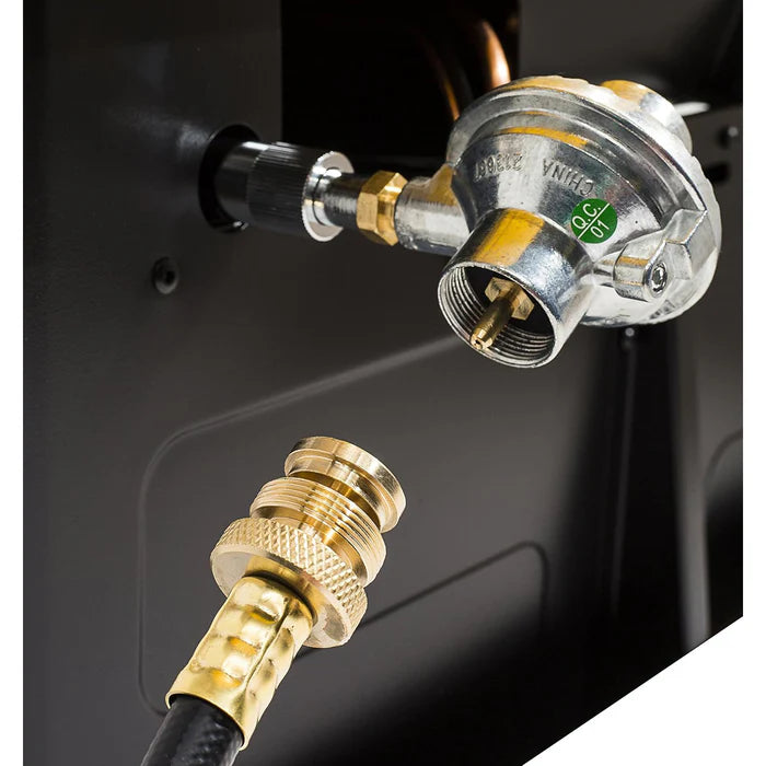 Flexible 6' propane extension hose for outdoor heaters, stoves, or grills.