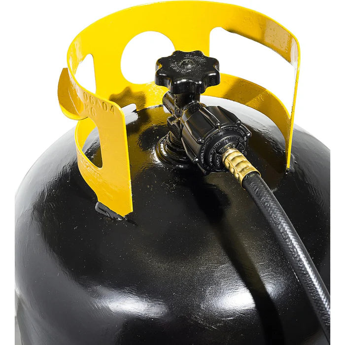 Durable propane hose connecting BBQ grill or camp stove to standard propane cylinder.