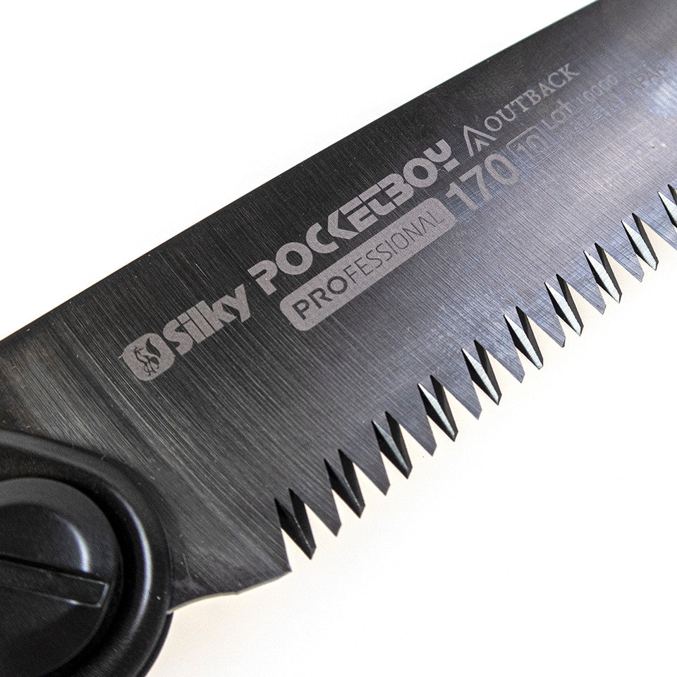 Silky Outback hand saw with 10-pitch Mirai-Me teeth for smooth, multi-angle cuts in outdoor conditions