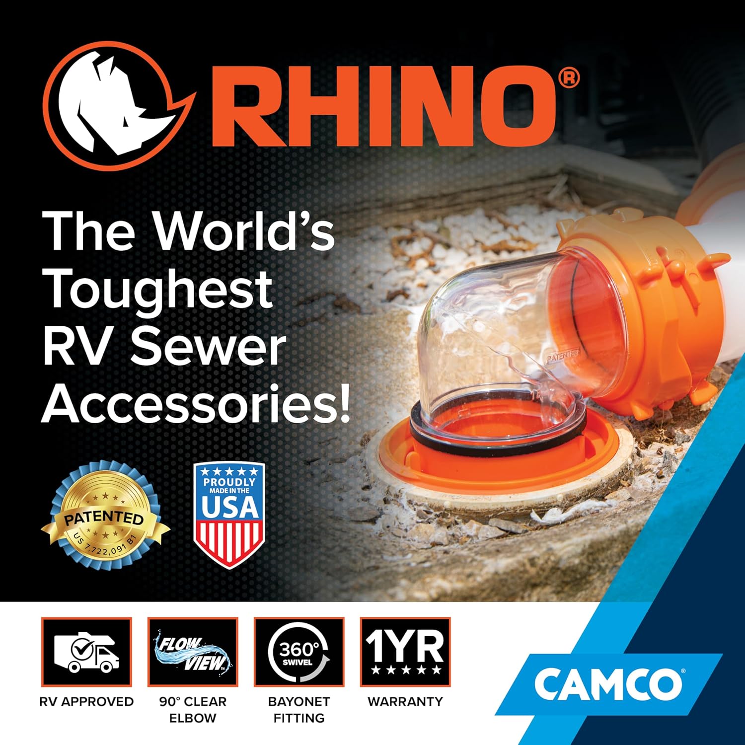 RhinoFLEX swivel bayonet fitting for RV sewer hose connection