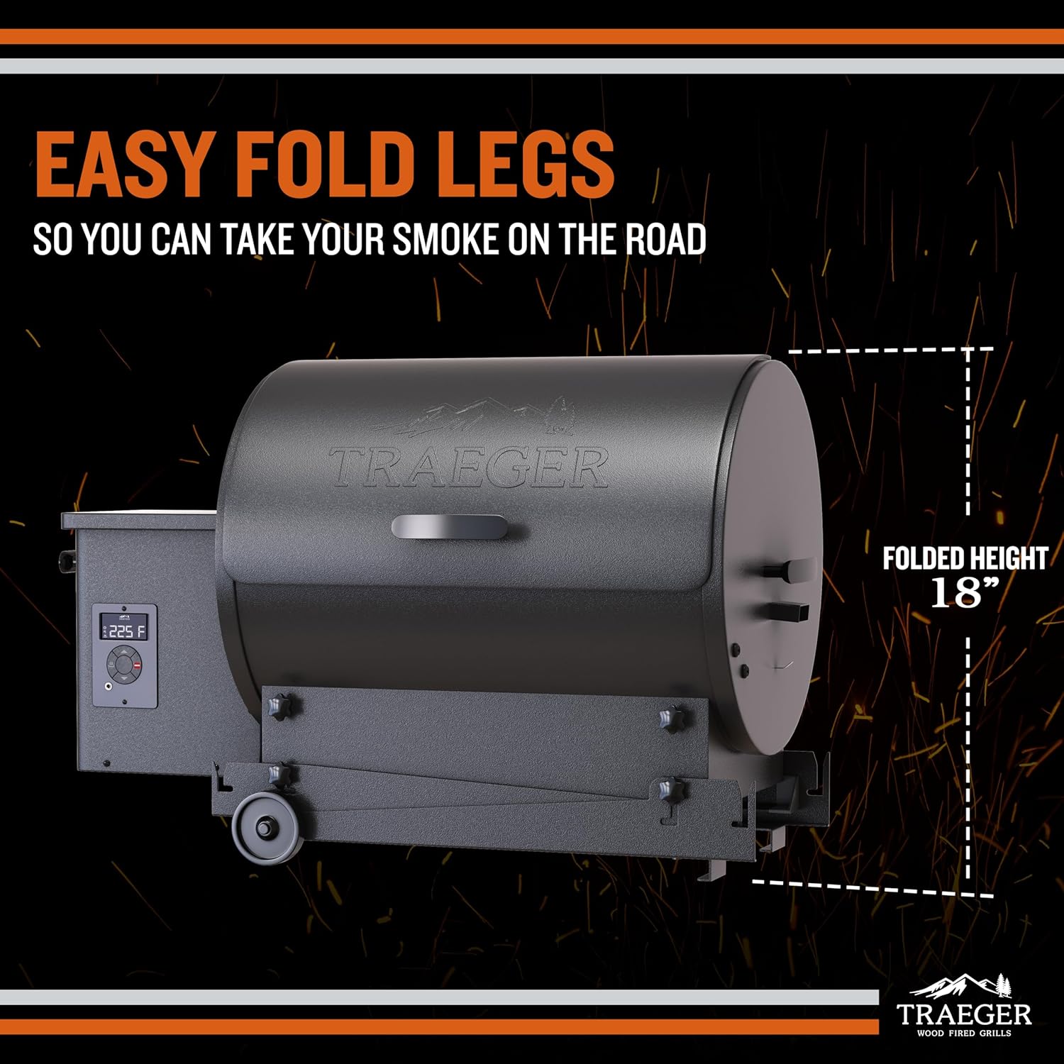 Traeger Tailgater pellet grill foldable legs for easy transport and storage