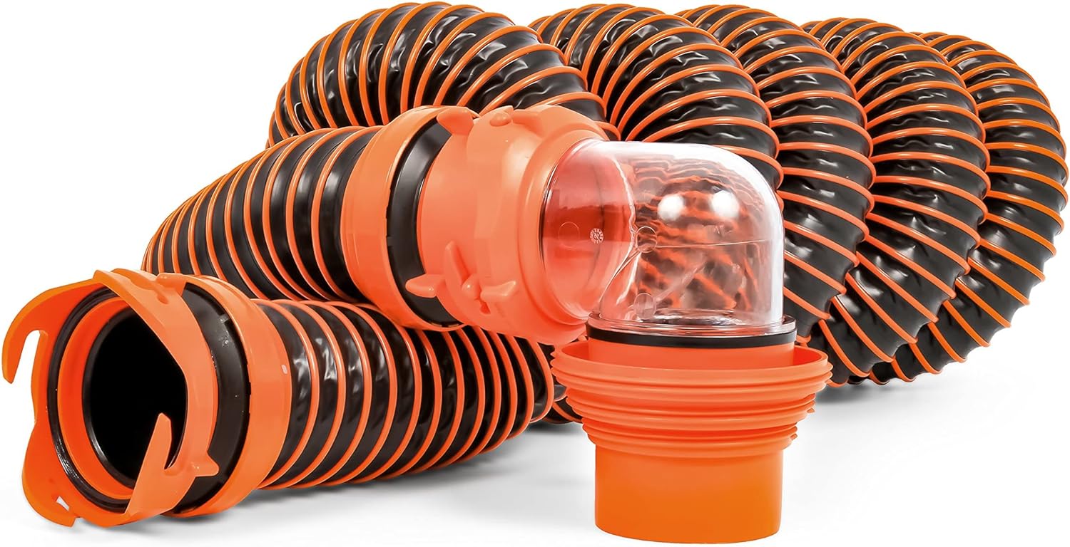 Durable and crush-resistant sewer hose for RVs with pre-attached fittings and storage caps.