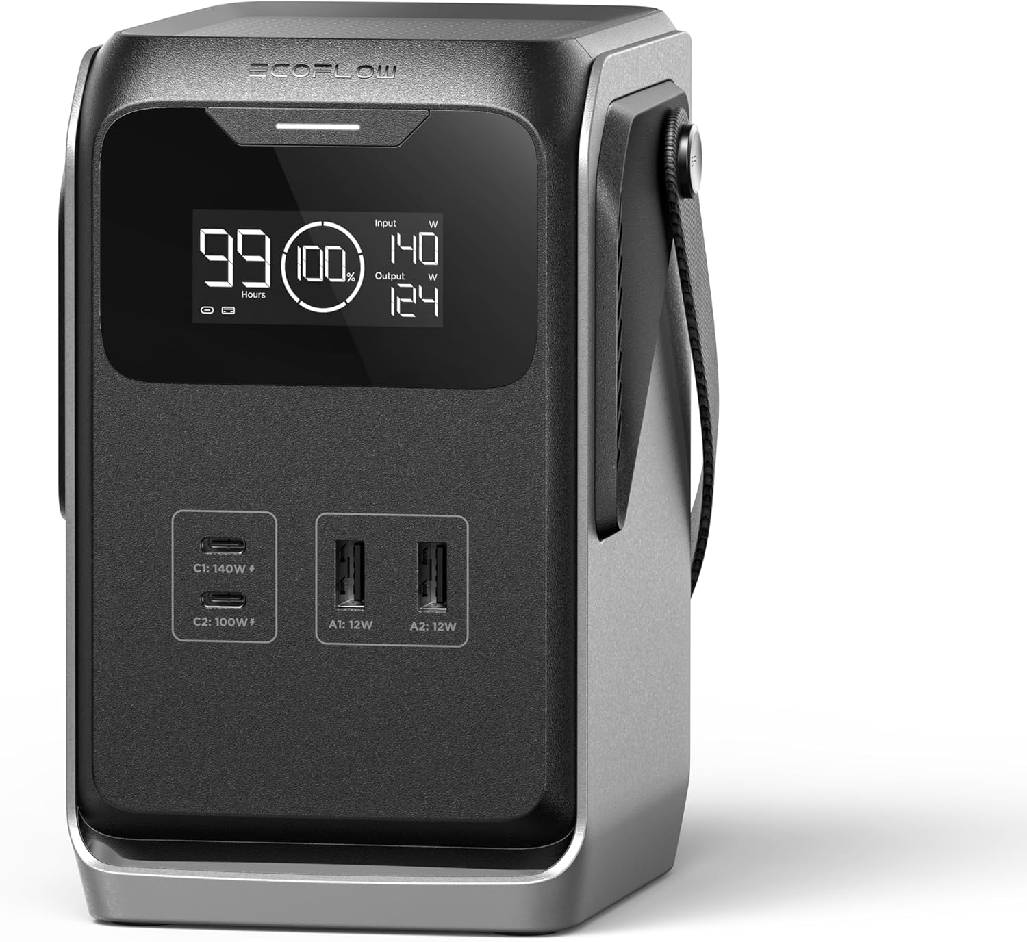 Portable power station with digital display and multiple outlets on a white background