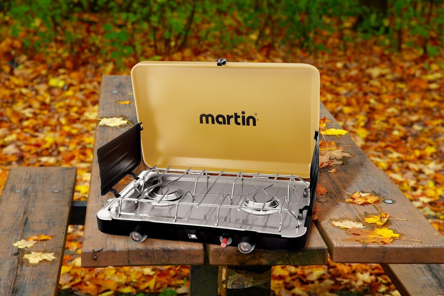 Two burner tabletop stove for camping with large cooking surface