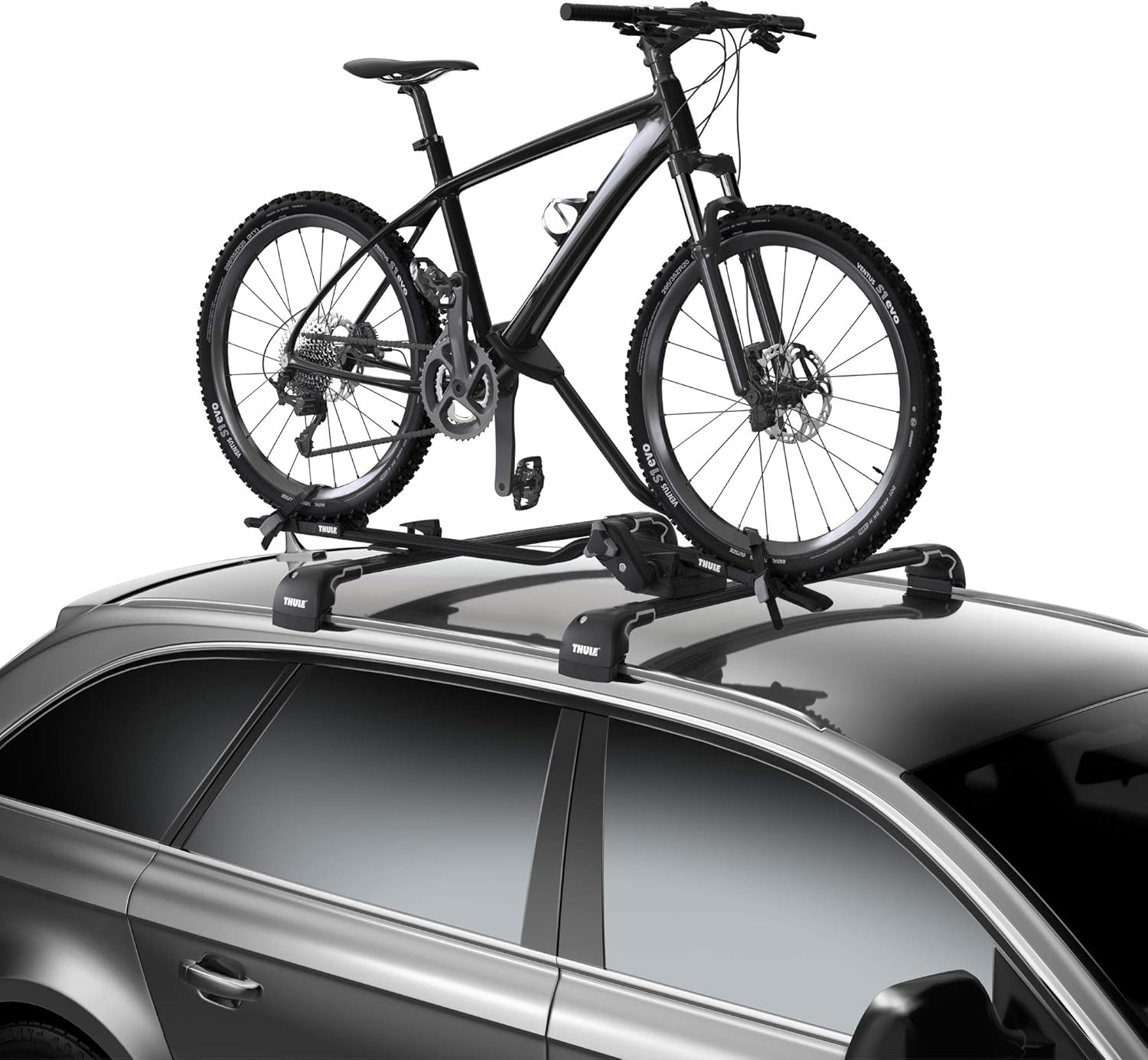 Thule Upright Bike Carrier mounted on car roof with bike secured