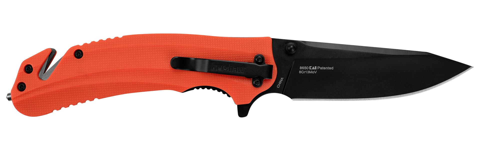 Closed Kershaw Barricade knife showing carbide glassbreaker tip and built-in cord cutter for emergency use