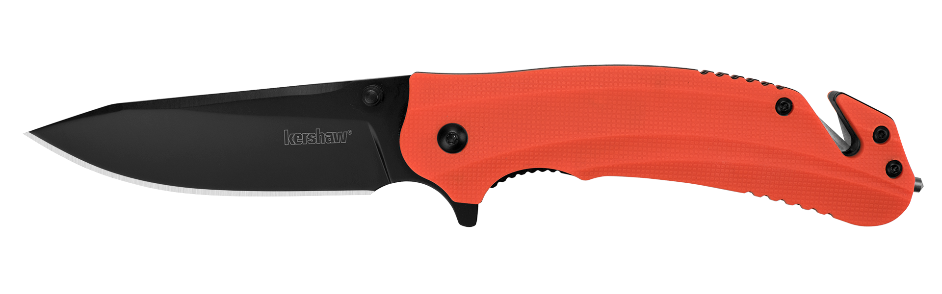 Kershaw Barricade rescue pocketknife with 8Cr13MoV black-oxide drop point blade and bright orange nylon handle