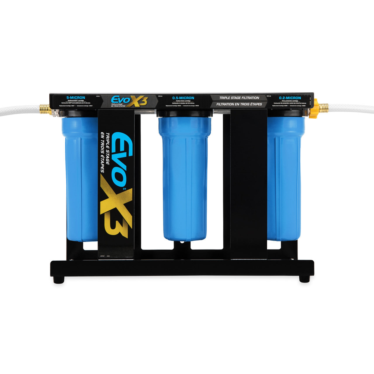 Camco Evo X3 Triple Stage RV Water Filter Kit, showcasing the water filter canisters, built-in stand with rubber feet, and essential components for superior RV water filtration