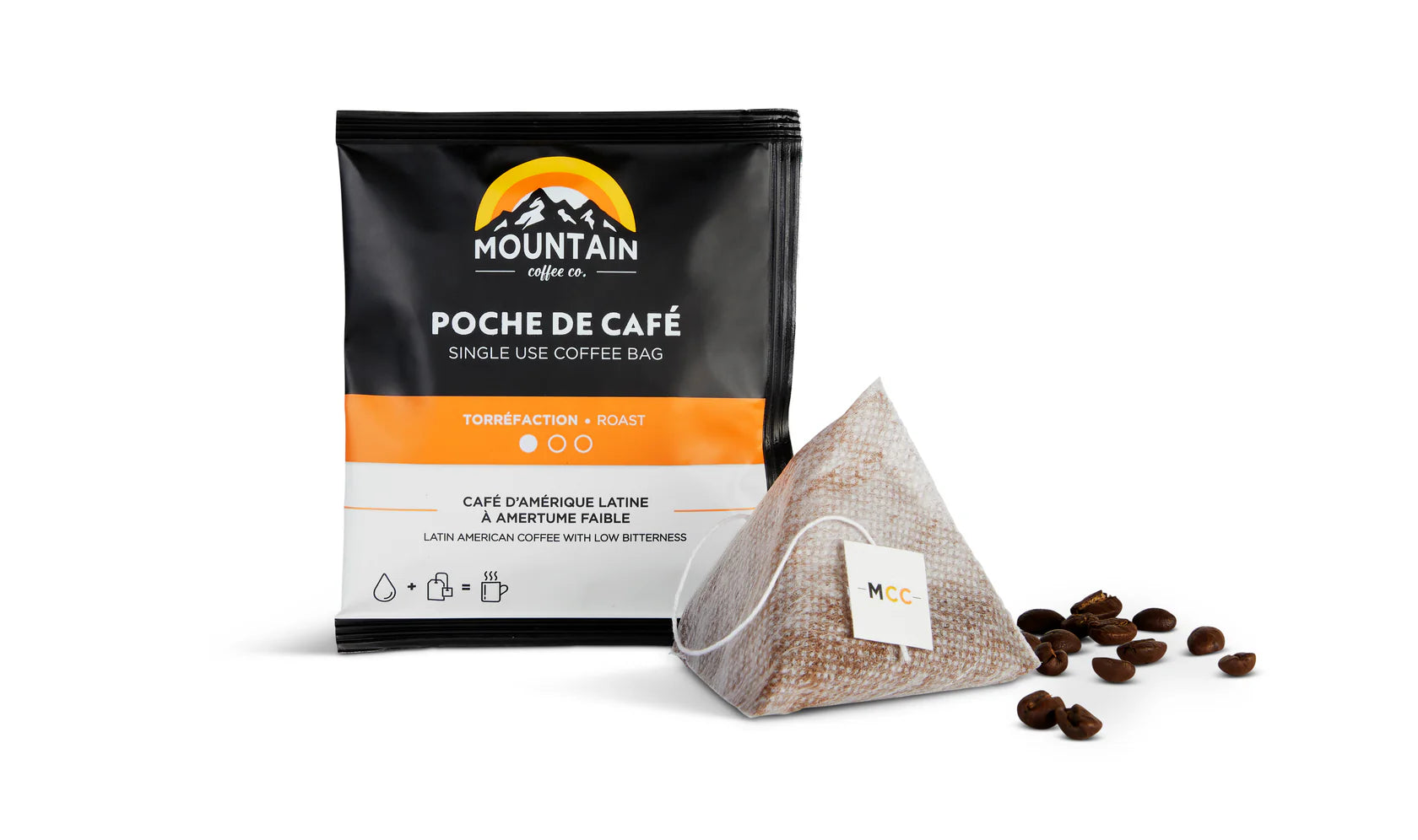 Single-serve compostable coffee bag for camping, hiking, travel, and outdoor adventures.