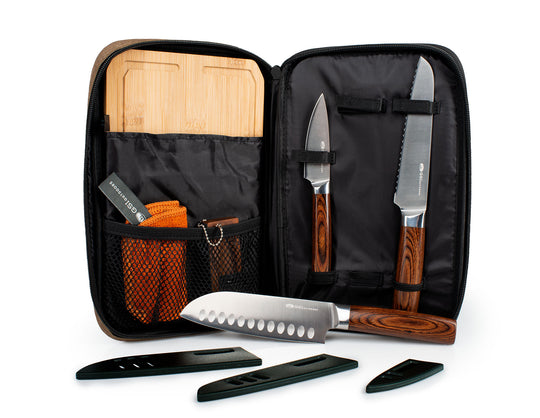 Rakau Knife Set Displayed with Bamboo Cutting Board and Accessories