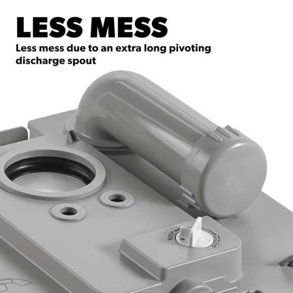 Image of the Dometic 970 toilet’s extra-long discharge pipe for mess-free emptying.