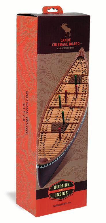 Canoe Cribbage Board with six pegs inserted, ready for play
