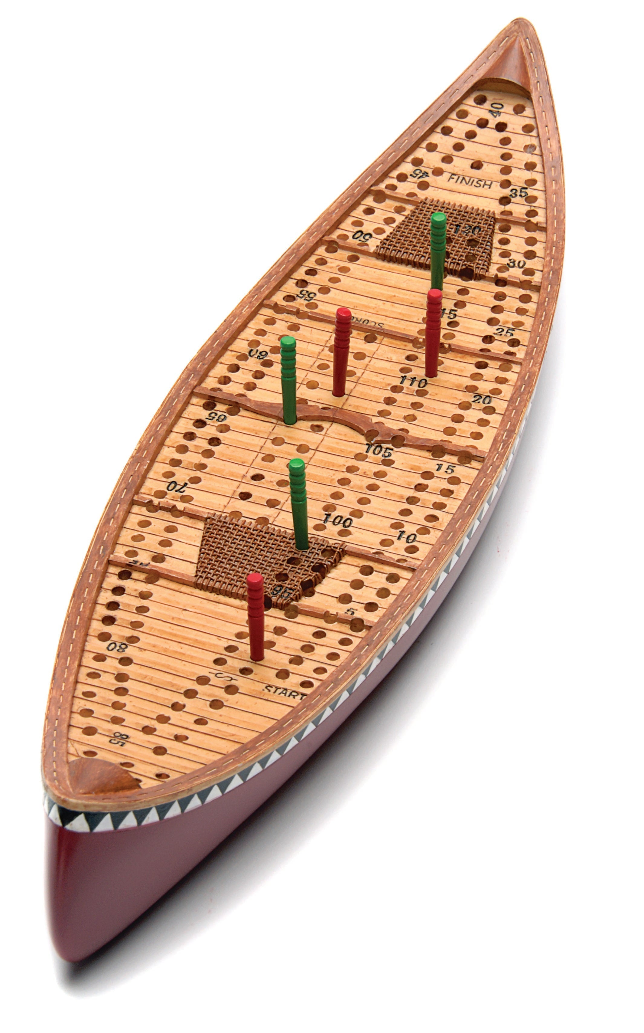 Detailed view of hand-painted Canoe Cribbage Board design
