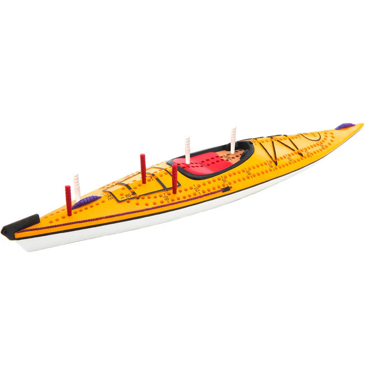 GSI Outdoors hand-painted kayak cribbage board with scoring pegs and storage compartment.