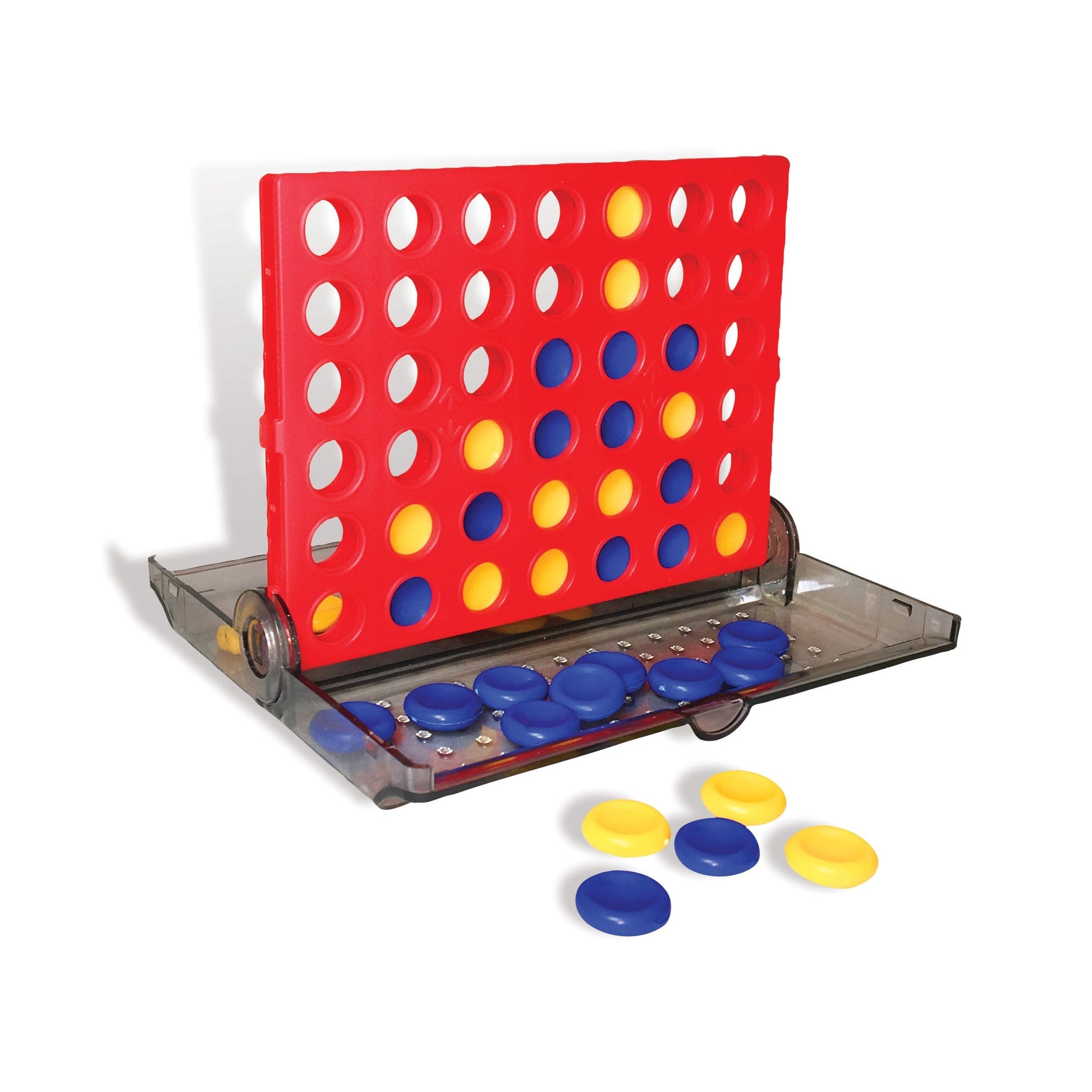 GSI Outdoors Backpack 4 In-a-Row travel game with collapsible board, colored pucks, and carry bag.