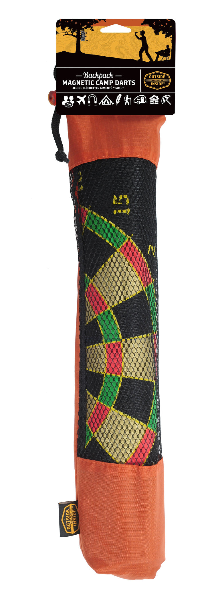 Reverse side of magnetic dartboard featuring outdoor trail game