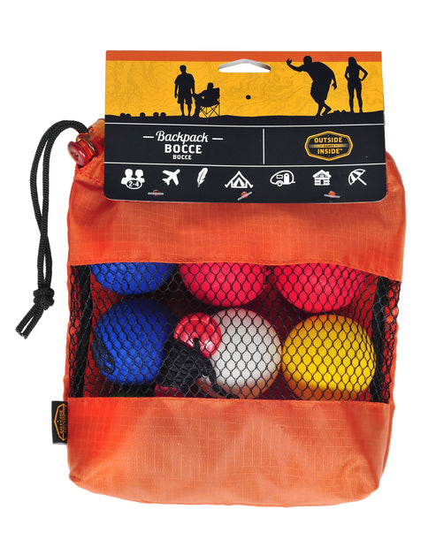 Orange mesh bag with colorful bocce balls and packaging on a white background