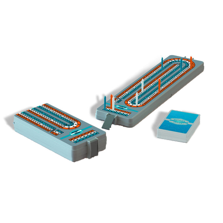 Full-size 3-track folding cribbage board with playing cards, pegs, and travel bag.
