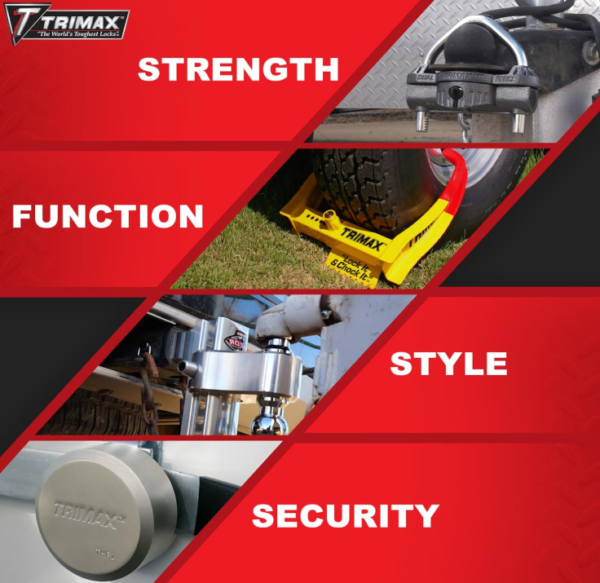 Trimax product display with 'Strength', 'Function', 'Style', and 'Security' text on a red and black background.