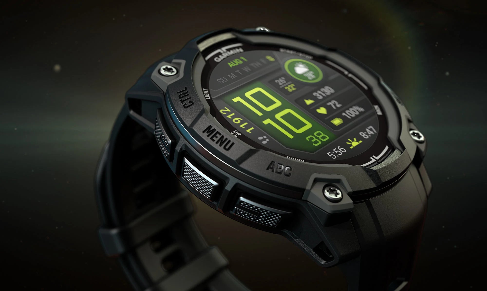 Digital watch with green display on a dark background