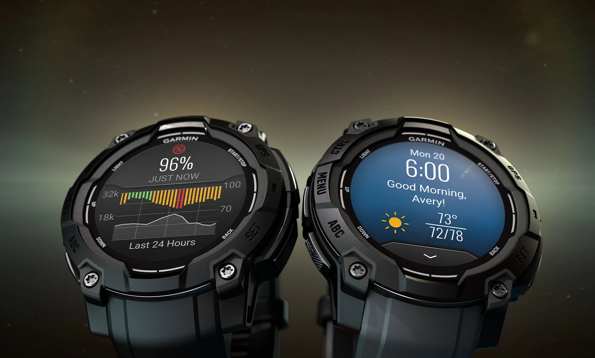 Two smartwatches displaying different screens on a dark background