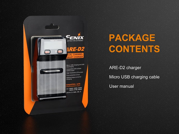 Fenix ARE-D2 charger placed next to rechargeable flashlight batteries