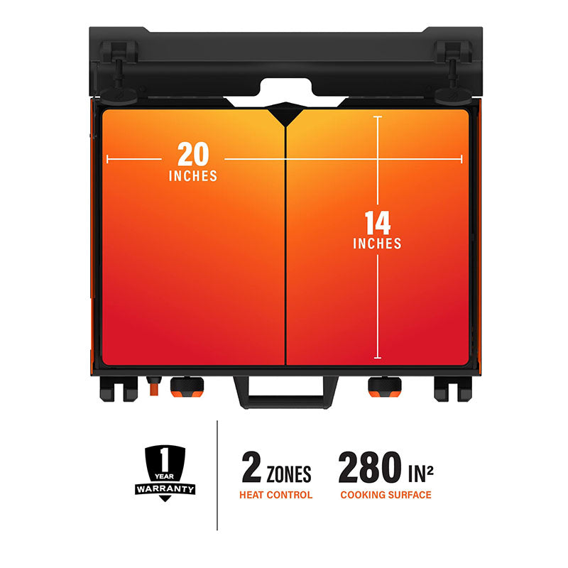 A person carrying the Blackstone Adventure Ready Griddle like a briefcase using the sturdy handle. The T-handle latches are securely in place.